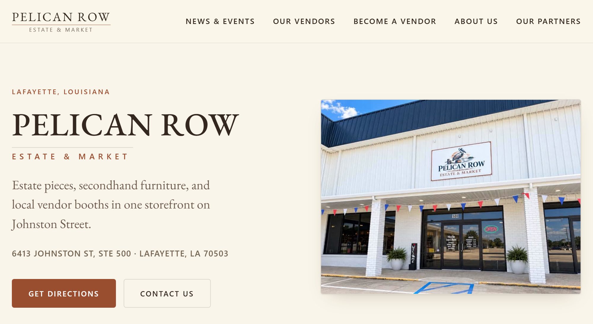 Pelican Row Estate & Market website screenshot — built by BayouBuilt Digital